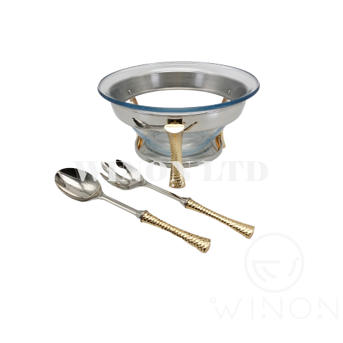 Stainless steel round salad bowl with spoon and folk