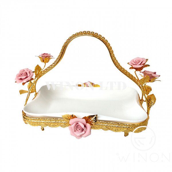 Rose Ceramic Design Retangle sharpe Iron Basket with Handle