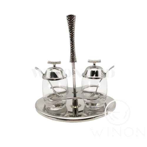 Stainless steel 2 pcs salt and pepper bottles w. holder