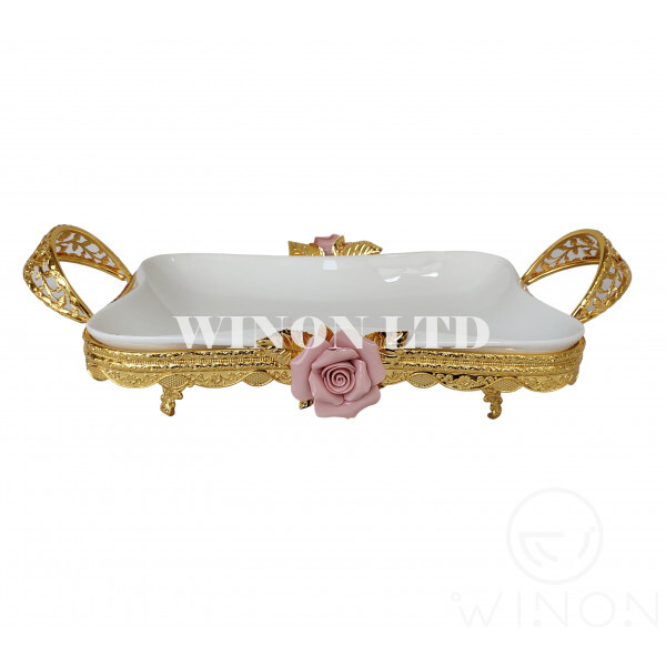 Rose Ceramic Design Retangle sharpe Iron Basket with Handle